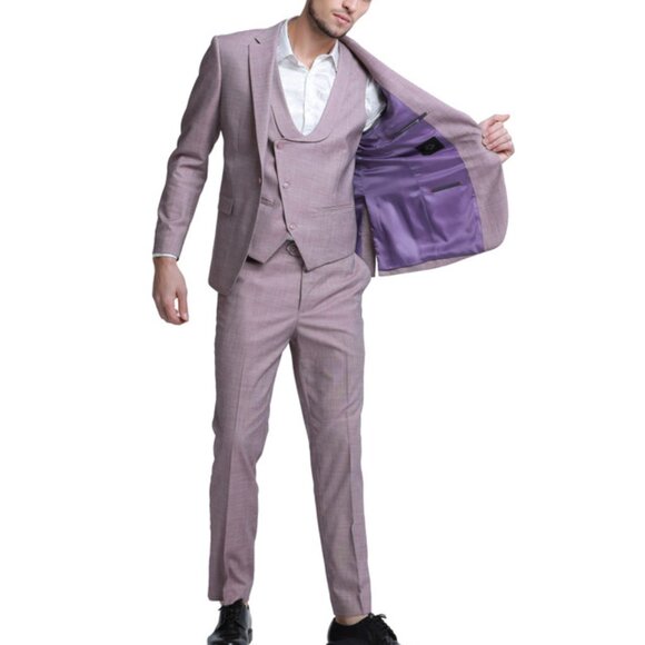 Rose Notch Lapel Double Breasted Collared Vest Skinny Fit Men's Suit